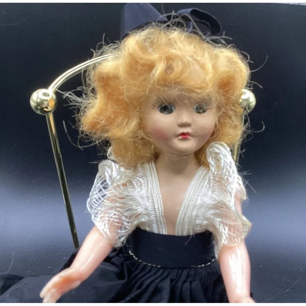 VTG Hard Plastic Sleepy‎ Eyed Girl Doll w/ Black & White Dress Collectible 8